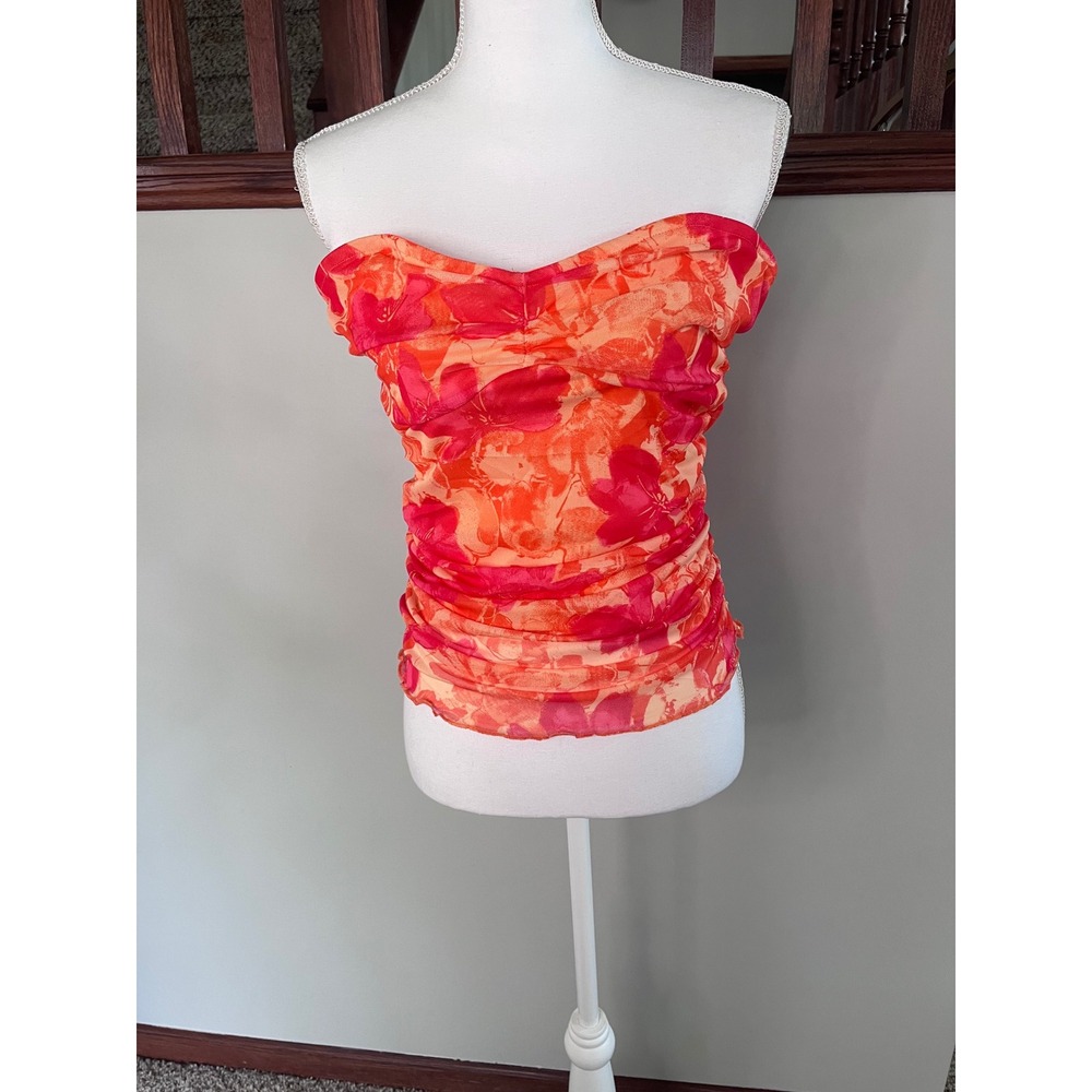 Shein Pink Orange‎ Floral Mesh Ruched Tube Top Sweetheart Neck XL JIT23278481